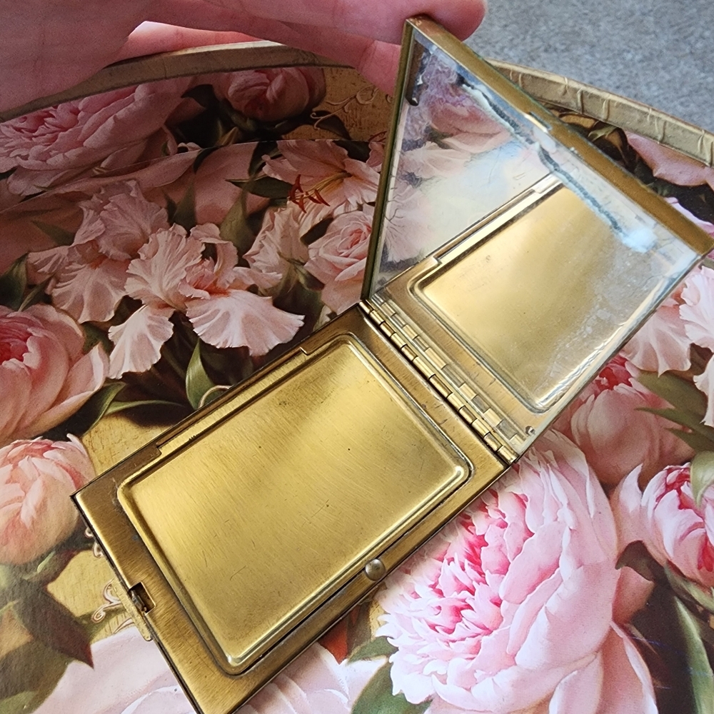 Vintage 1940s Brass Texas Map Compact Mirror Case Souvenir Etched Travel Collect
